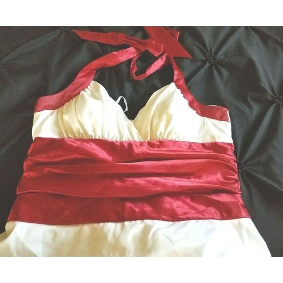 Size 13/14 Dress by Masquerade Juniors Formal Prom Wedding Gown White Red Trims - Picture 5 of 11